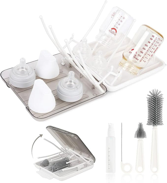 Baby Bottle Brush Set, 6-in-1 Travel Bottle Cleaning Kit with Silicone Bottle Brush, Nipple & Straw Brush, Soap Dispenser, Drying Rack, Storage Box – Compact Travel Baby Essential for Home & On-The-Go