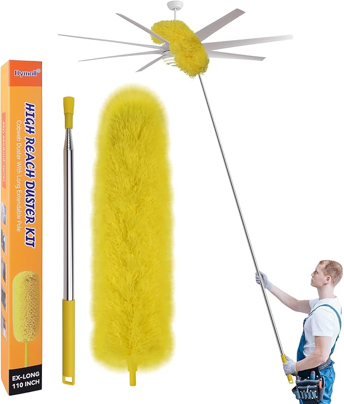 Dymoll Cobweb Duster with Extension Pole, 110" Microfiber Feather Duster Kit with Bendable Washable Heads, Spider Web Brush, Dusters for Cleaning Ceiling Fan, High Ceiling, Blinds, Furniture & Cars