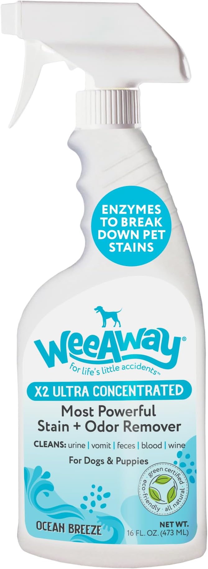 Wee Away X2 Dog Urine Stain & Odor Remover – Double Strength Enzyme Spot Cleaner for Dog Pee, Marking & Odor Removal – Carpet, Furniture & Bedding, Non-Toxic, 16oz