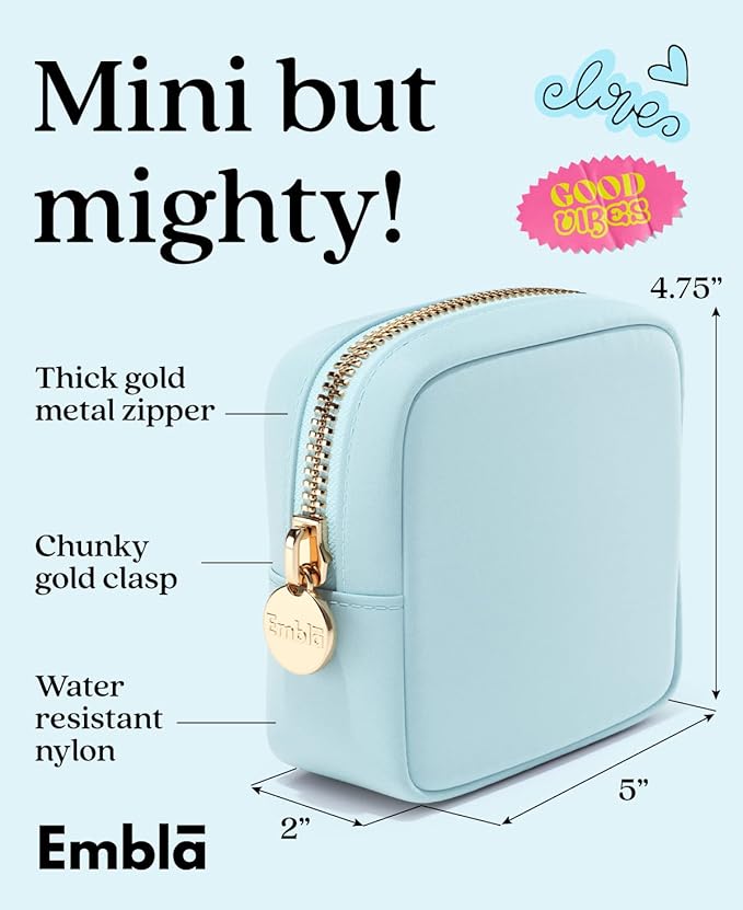 Embla Makeup Bag Travel Cosmetics Pouch and Toiletry Bag, Nylon Zipper Pouch Purse, Cute Make Up Organizer Storage Tote for Women Girls, Waterproof Travel Skincare Case, Small Makeup Bags, Sky Blue