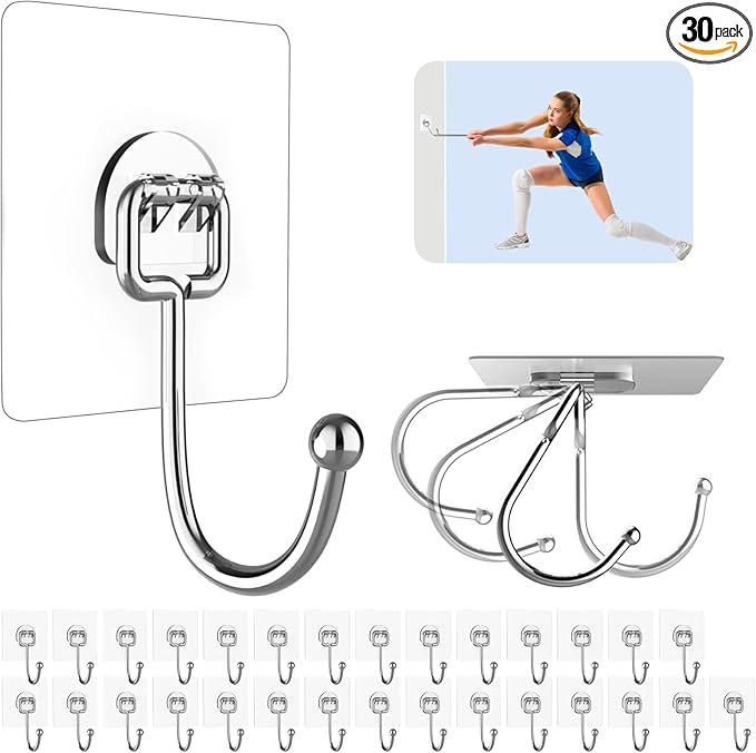 Large Adhesive Hooks for Hanging Heavy Duty 44 lb (Max) 30 Pack, 304 Stainless Steel Self Adhesive Sticky Hooks Waterproof Wall Hook for Home Bathroom Shower Kitchen Outdoor Utility Hook