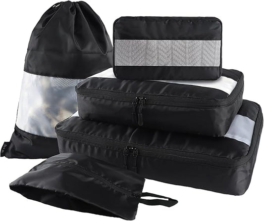 U+U 5 Set Packing Cubes for Travel Essentials Ultralight Luggage Packing Organizers with Laundry Bag and Shoe Bag for Vacation, Business Trip and Camping (Black)