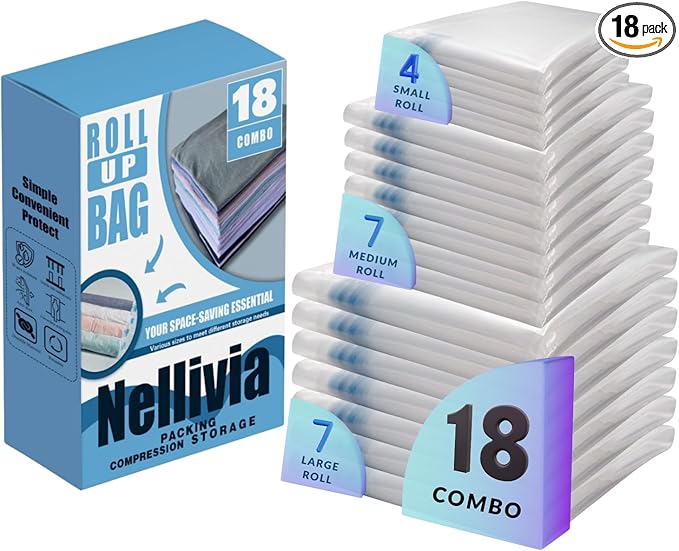 18 Pack Compression Bags for Travel, Roll Up Space Saver Bags for Clothes Storage, Compact Packing travel organizer for Luggage, Suitcase, Backpack, No Pump or Vacuum Needed