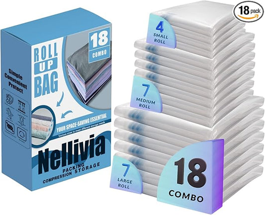 18 Pack Compression Bags for Travel, Roll Up Space Saver Bags for Clothes Storage, Compact Packing travel organizer for Luggage, Suitcase, Backpack, No Pump or Vacuum Needed
