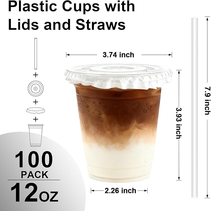 Lamosi 100 Pack 12 oz Clear Plastic Cups with Lids and Straws, Disposable Iced Coffee Cups with Lids for To-Go Cold Drinks, Smoothies and Slushie