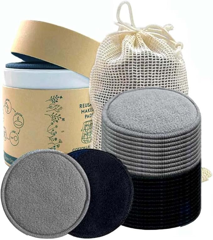 28 Pack Reusable Cotton Rounds with Washable Laundry Bag and Round Box|Travel Essentials for Skincare, Makeup Remover Pads and Storage|Reusable Makeup Remover Pads Black