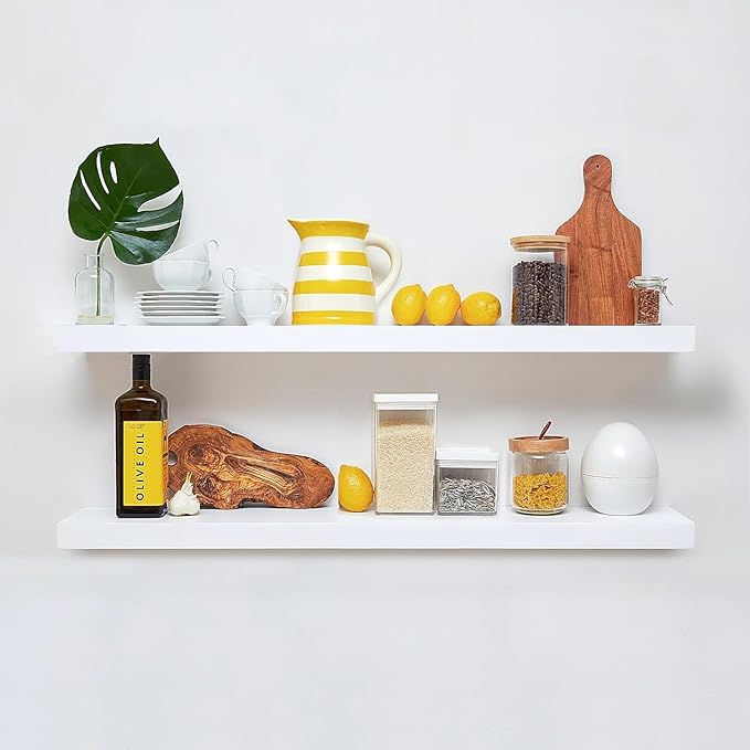 Homeforia White Floating Shelves 42 inch, High-End Solid Real Wood 42-inch Floating Shelf for Wall Mounting, White Wooden 42-inch Long Floating Shelves, Heavy Duty Bracket, 42 X 6.5 X 1.75 inches, Set of 3