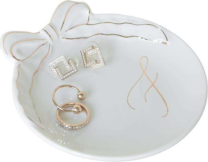 COLLECTIVE HOME - Personalized Initial Ceramic Jewelry Tray with Bow, Christmas Gift Ideas for Women, Small Gift for Girlfriend Wife, Ring Holder, Earrings Dish, Birthday Gift for Her (F)