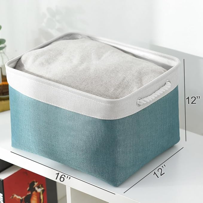 TheWarmHome Organization and Storage basket for Organizing - 3 Pack 16x12x12 inch Cube Storage Bin for Shelves, Fabric Storage Cubes for Organizer Cloth Closet Toy Box (White & Green)
