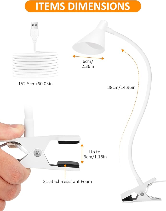 Desk Lamp Clip on Light USB Reading Light 3 Color Modes 10 Dimmable Brightness Eye Care Clamp Desk Lamp Flexible Gooseneck Book Light for Reading in Bed and Desk