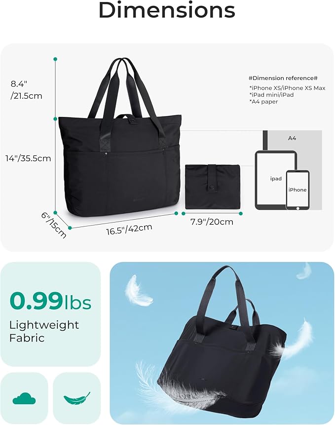 BAGSMART Tote Bag for Women, Foldable Tote Bag With Zipper Travel Large Shoulder Bag Handbag for Work-16.5''L x 6''W x 14''H