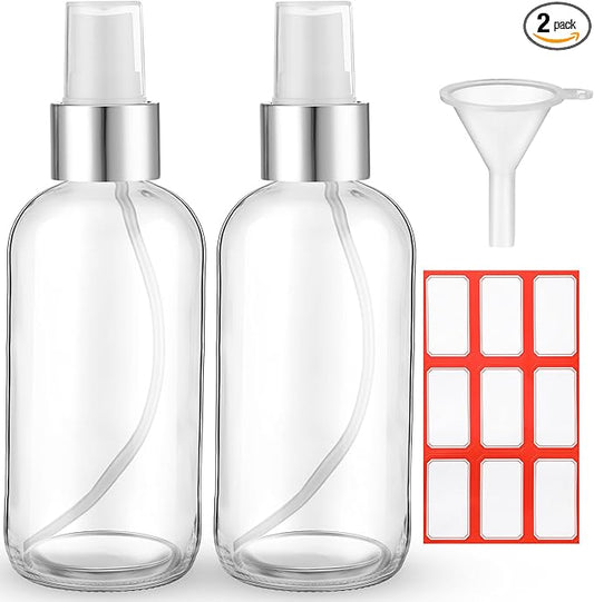 Fumete 2 Pack Glass Bottles 4oz Empty Refillable Liquid Containers with 1 Label 1 Funnel for Essential Oils Hair Travel Plants Cleaning Skin Care(Clear, Silver Top,Mist Bottle)
