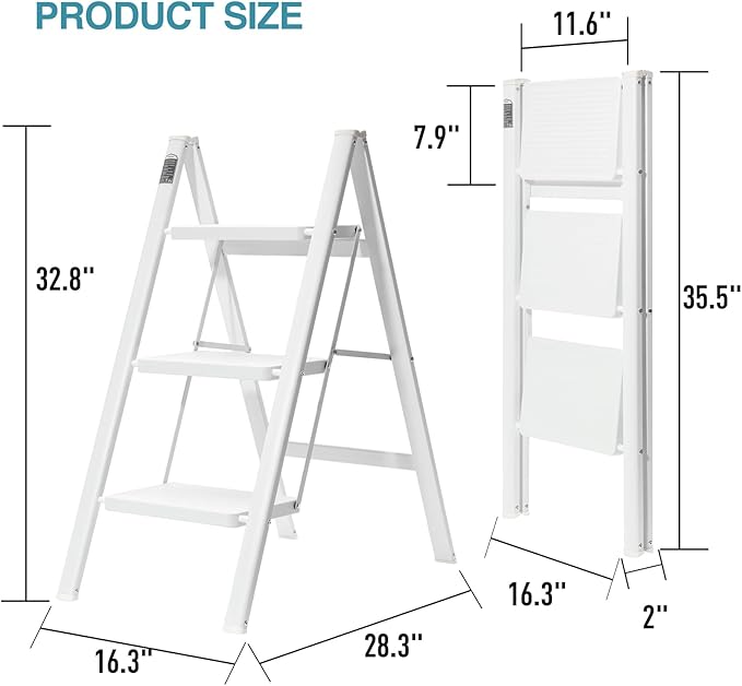 BOCOM 3 Step Ladder, Lightweight Portable Foldable Collapsible Folding Sturdy Iron Metal Step Stool with Anti-Slip Wide Pedal, Heavy Duty 330 lbs Capacity, for Home, Kitchen, Closet, Adults, White