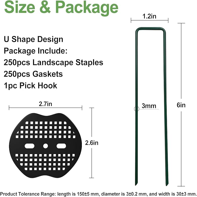 FOTMISHU Landscape Staples 6Inch 250pcs Garden Stakes + 250pcs Gasket, Lawn Pins with Spray Coating Craft,11Gauge Anti-Rust Ground Yard Spikes Anchoring for Outdoor Tents Irrigation Hoses (Green)