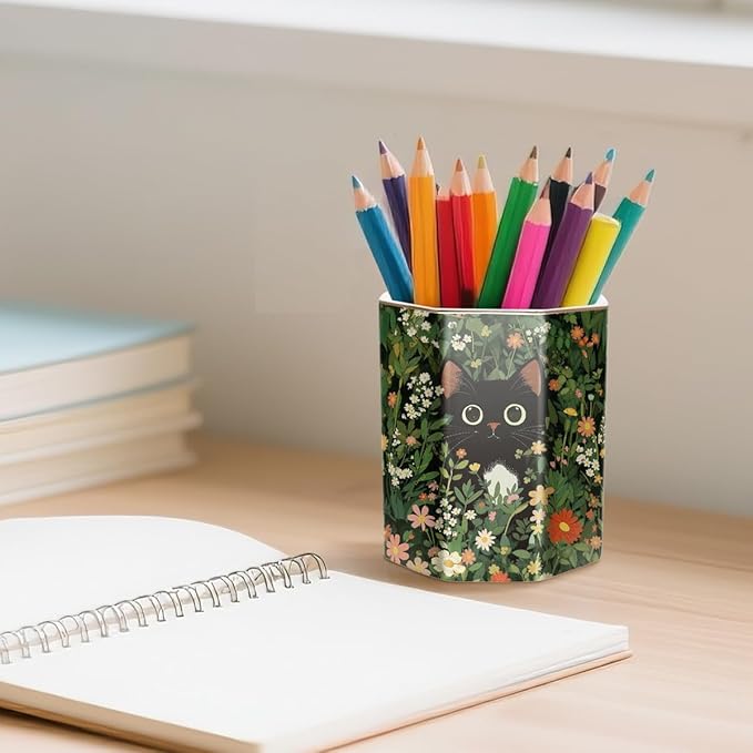 WAVEYU Pen Holder, Pencil Cup for Desk, Cute Desk Organizer, Durable Ceramic Decorative Makeup Brush Desktop Accessories, Stylish Stationery for Office, Home, Cute Cat Pattern