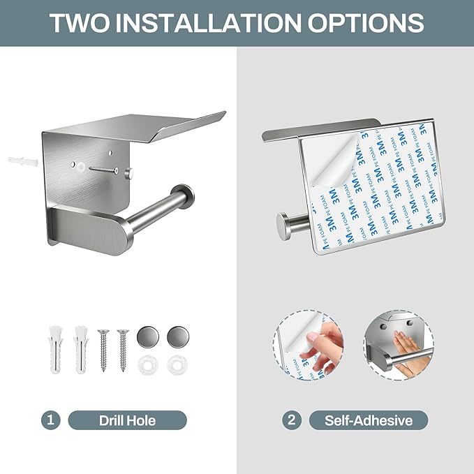 SetSail Toilet Paper Holder with Shelf Adhesive or Screw-in Bathroom Toilet Paper Roll Holders Wall Mount Brushed Nickel Heavy-Duty Tissue Holder for Bathroom Hardware Accessories, 2 Packs