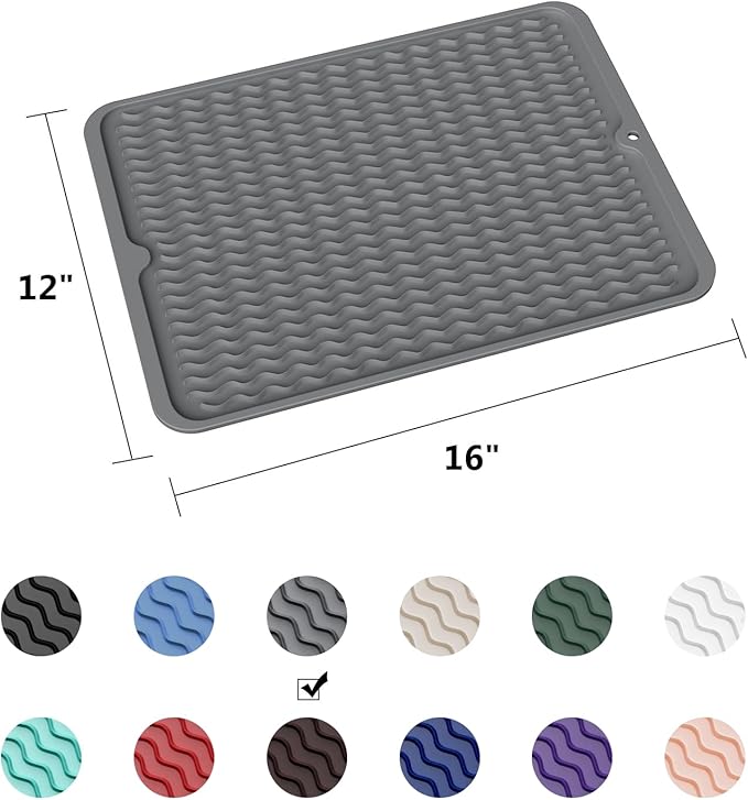 ZLR Silicone Dish Drying Mat for Kitchen Counter, Eco-Friendly Fast Dry Dish Mat, Easy Clean Multi Usage Drying Matt, Heat Resistant Trivet, 12" x 16" Large, Dark Gray