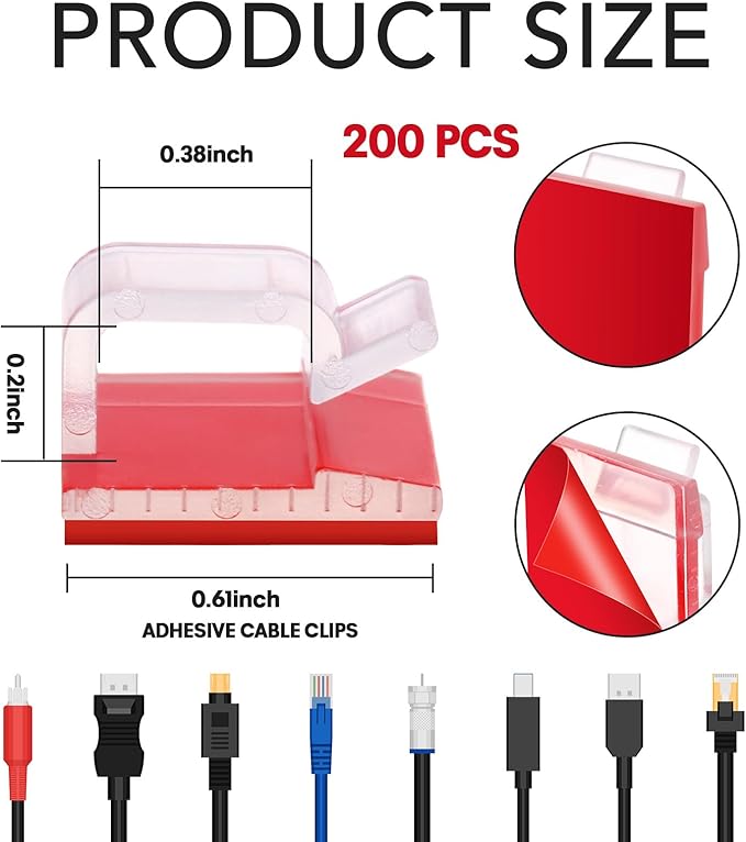 200 Pcs Outdoor Light Clips Clear Adhesive Cable Clips for Christmas Outdoor String Lights with Adhesive Strips Patio Decor for Wall Wire Holder for Hanging Cable Management Cord Organizer