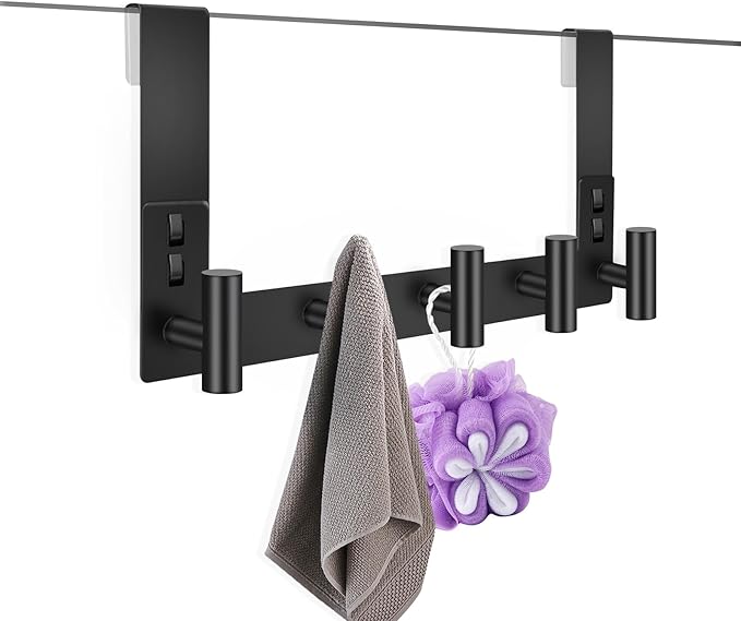 PMMASTO Shower Door Hooks, (7.5 Inch) Extended Towel Hook for Bathroom Frameless Glass Shower Doors, Stainless Steel Heavy Duty Holder for Hanging Robe, Towel (Black 5 T-Hooks-Fits 3/8" Thick Door)