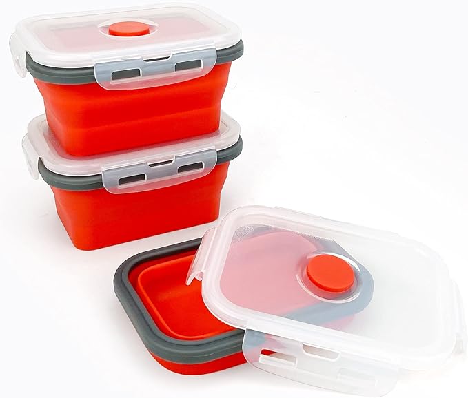 CCyanzi 3-Piece Collapsible Food Storage Containers with Lids, Silicone Lunch Container, Microwave & Freezer Safe, Space Saving for Kitchen Cabinet and Camping Backpack (Red Gray)