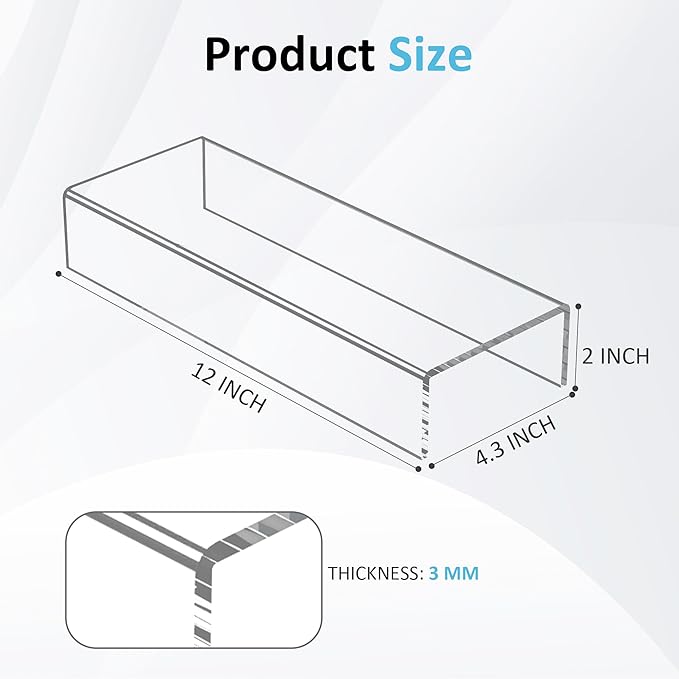 Acrylic Shelf Riser 12x4.3x2 pack of 2, Clear Display Shelf 12” for Shoes, Glasses, Plants, Home Decors, Perfume, 12x4.3x2 Inch