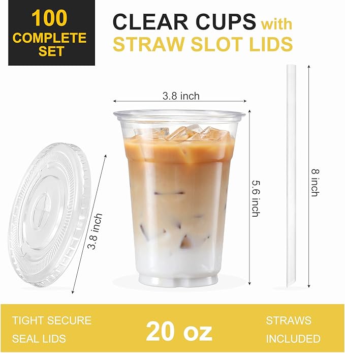 VITEVER [100 Sets - 20oz] Clear Plastic Cups with Lids and Straws, Disposable Cups for Iced Coffee, Smoothie, Milkshake, Cold Drinks