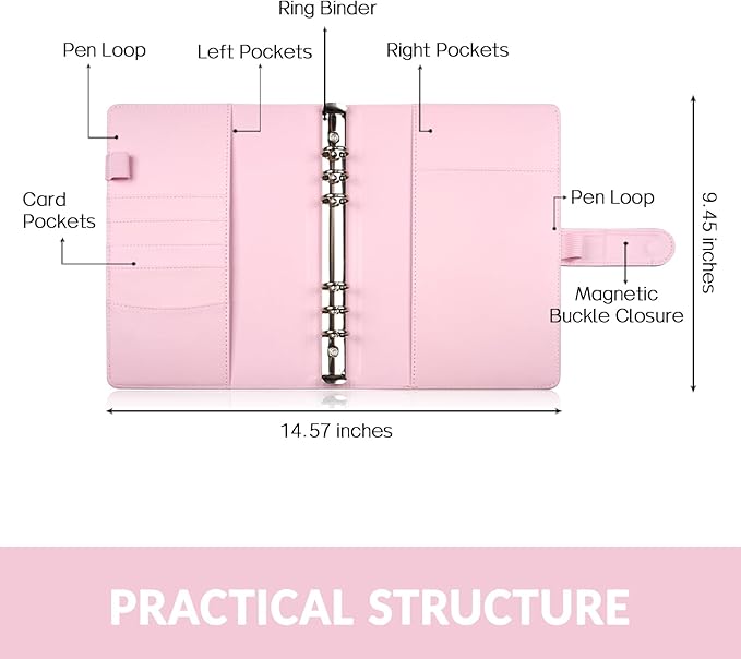 Sooez A5 Notebook Photocard Binder, 6 Ring Planner with Stylish Design, Loose Leaf Personal Organizer Cover with Magnetic Buckle, PU Leather Binder with Soft Colors