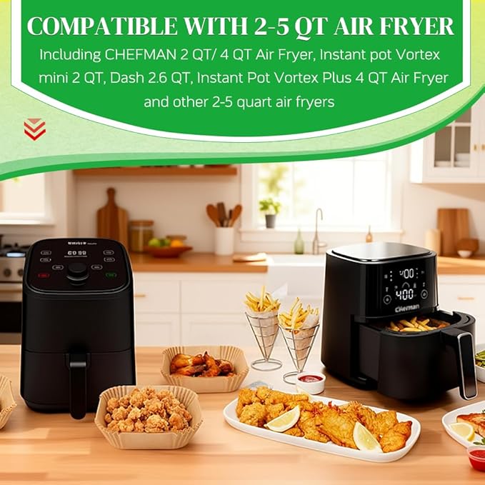 BYKITCHEN 300PCS Small Air Fryer Disposable Liners for 2 to 5QT Airfryer, Square Mini Air Fryer Parchment Paper Liners, Compatible with CHEFMAN 2 QT/ 4 QT, Cosori 2.1QT, Instant Pot Vortex 4Qt& More