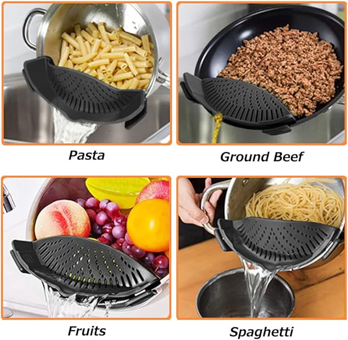 YEVIOR Clip on Strainer for Pots Pan Pasta Strainer, Silicone Food Strainer Hands-Free Pan Strainer, Clip-on Kitchen Food Strainer for Spaghetti, Pasta, Ground Beef Fits All Bowls and Pots (Black)