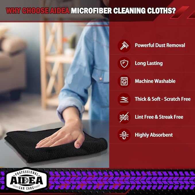 AIDEA Microfiber Cleaning Cloth Black 10PK, Microfiber Towels for Cars, Premium Washcloths, Dusting Cloths, Lint-Free Cleaning Rags for SUVs, House, Kitchen, Window, Cleaning Supplies 12×12"