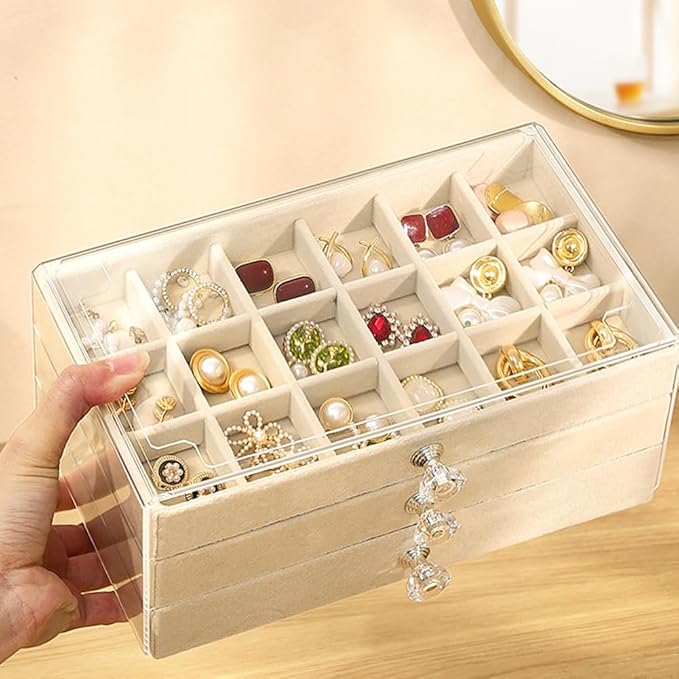 SPAKOWN Earring Box Holder Organizer Display Case, Clear Velvet Jewelry Storage Tray Organizer for Earring Ring Stud (Beige - 3 Drawers)