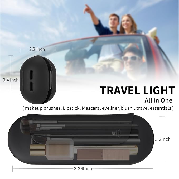 2 IN 1 Silicone Makeup Brush Holder with Beauty Make Up Sponge Holder Case：Soft Portable Cosmetic Face Brushes Holder with Upgrade Anti-Fall Out Magnetic Closure - Black