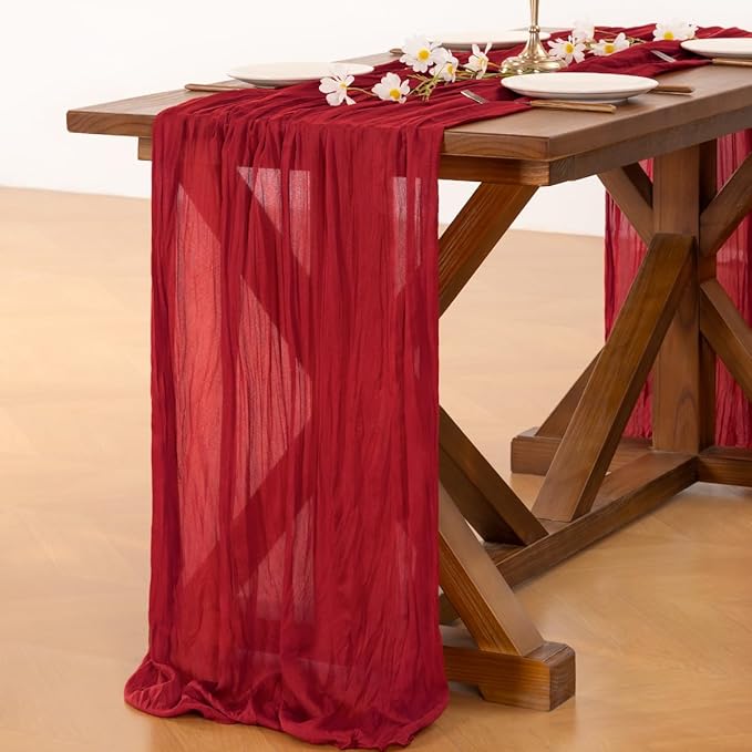Socomi 10pcs Red Cheesecloth Table Runner Boho Rustic Gauze 120 inch 10FT Cheese Cloth Sheer Runner for Wedding Party Baby Shower Birthday Home Decor Holiday Decorations