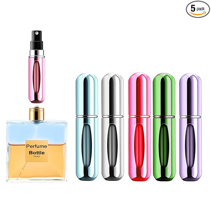 Portable Mini Perfume Atomizer Bottle, Refillable Spray, Scent Pump Case, Travel Atomizer (5ml, 5 Pack) (Purple, Blue, Green, Rose Red, Silver)