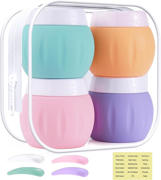 Travel Containers for Toiletries, GLAMFIELDS TSA Approved 1.7oz 50ml Travel Size Silicone Cream Jars BPA Free, Leak-proof Travel Essentials with Lid for Cosmetic Face Hand Body Cream Macaron (4 Pack)