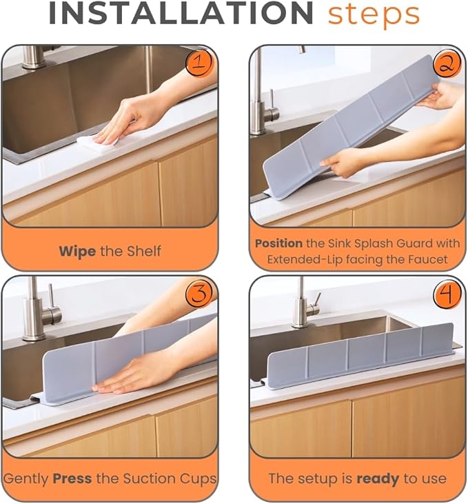 MessOut Extra Large Silicone Kitchen Sink Splash Guard 58x9x10cm – Non-Slip with Strong Suction, Non Crumble, Non-Harmful, Durable & Easy-to-Clean Protector for a Mess-Free Sink and Dishwashing (Grey)