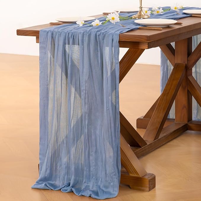 Socomi 3pcs Dusty Blue Summer Cheesecloth Table Runner Boho Rustic Gauze 120 inch 10FT Cheese Cloth Sheer Runner for Wedding Party Baby Shower Birthday Home Decor Holiday Decorations