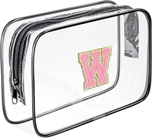 Clear Toiletry Bag,Portable Travel Toiletry Bag,Chenille Letter Cosmetic Bag with Zipper,Waterproof Makeup Bag,Cosmetic Storage Organizer for Women Men,Travel Essentials (Black,W)