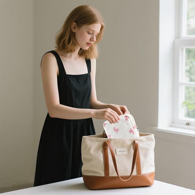 Small Quilted Cotton Makeup Bag for Purse Mini Cosmetic Period Bag for Women Cute Pink Bow Makeup Sanitary Pouch Portable Travel Toiletry Bags with Zipper Christmas Birthday Gifts