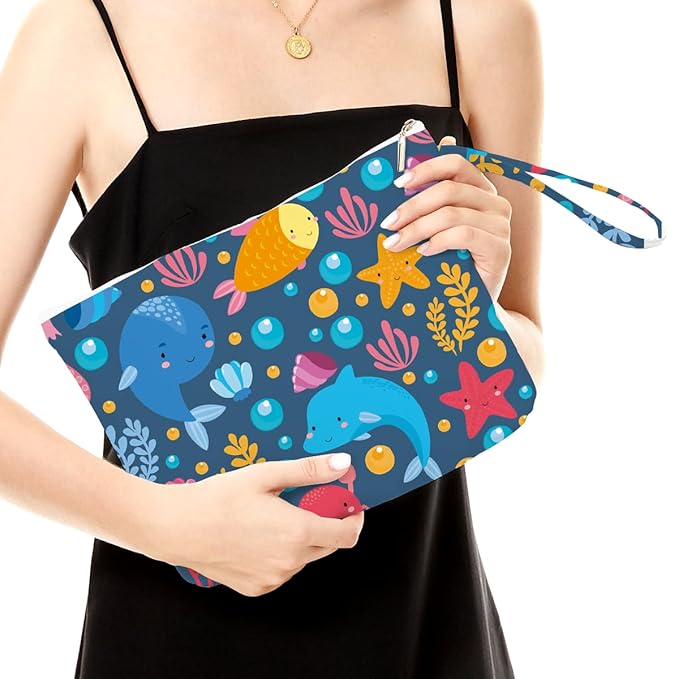 Fokongna Wet Bag, Small Portable Waterproof Multi-Functional Organizer for Women, Ideal for Daily, Beach & Travel，Blue Ocean Life