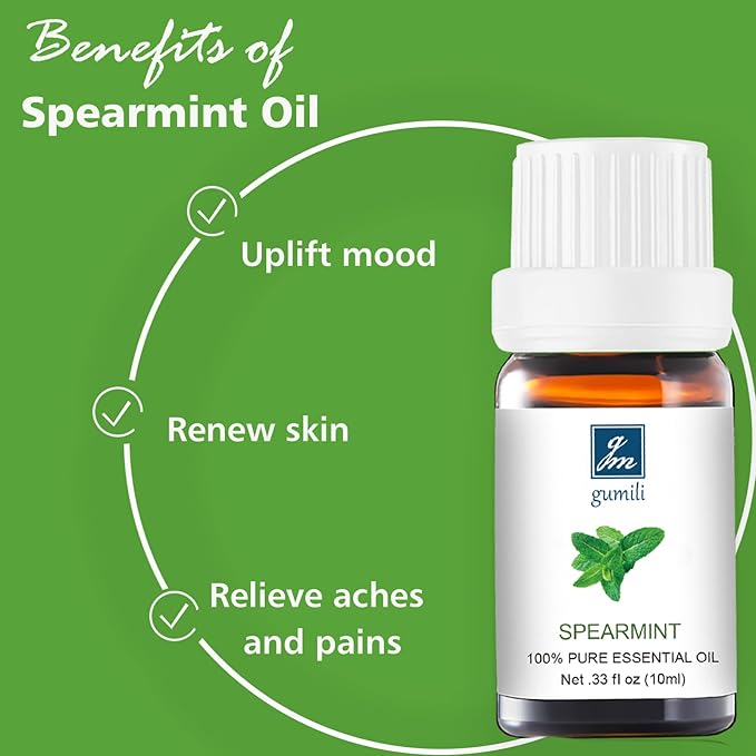 Spearmint Essential Oil, 100% Pure Natural Spearmint Oil for Diffuser, Face, Skin, Hair Care - Refreshing Aroma - 10mL