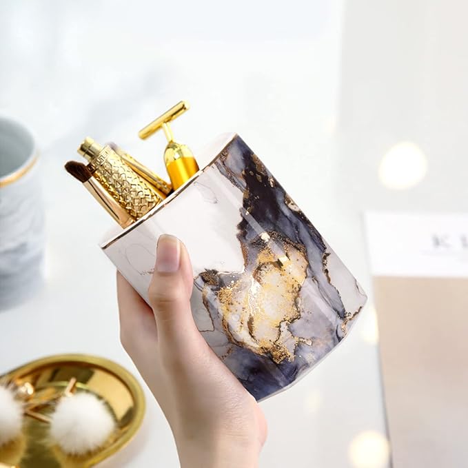 WAVEYU Ceramic Pen Holder for Desk Cute, Pencil Cup Pot Desk Organizer, Makeup Brush Holder for Women, Men, Kids, Desk Marble Decor for Office, Classroom, Home, Gray Golden