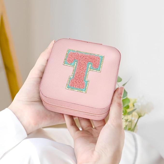 SANDJEST Personalized Jewelry Box, Pink Travel Jewelry Box with Initial T, Small Monogrammed Jewelry Case Organizer for Girls Women Teen Kids, Mini Travel Essentials Gifts for Birthday Christmas