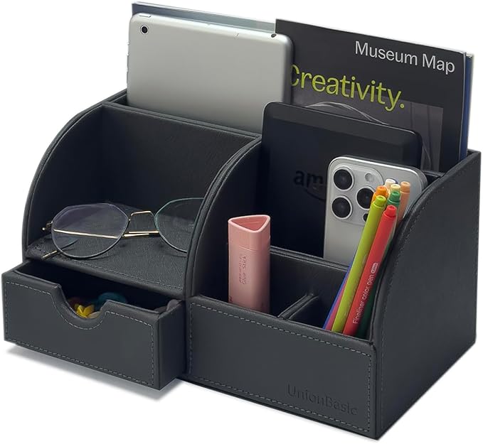 UnionBasic Desk Organizer - Multifunctional Leather Desktop Pen Holder Storage Box - Business Card/Pen/Pencil/Mobile Phone/Stationery Holder, Dark Gray