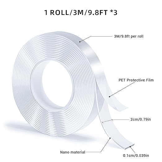 3 Rolls Double Sided Tape, Nano Tape, Transparent Adhesive Tape, Traceless Adhesive Tape, Removable, Washable, Reusable, Suitable for Carpets, Photo Walls, 9.8 Feet Per Roll