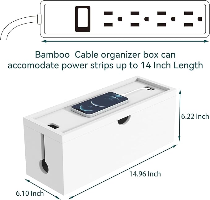 Bamboo Cable Management Box, Large Cord Organizer Box Cable Box to Hide Wires & Power Strips for Desktop Storage Cord Holder for Office Home, No Assembly Required (All White, Large)