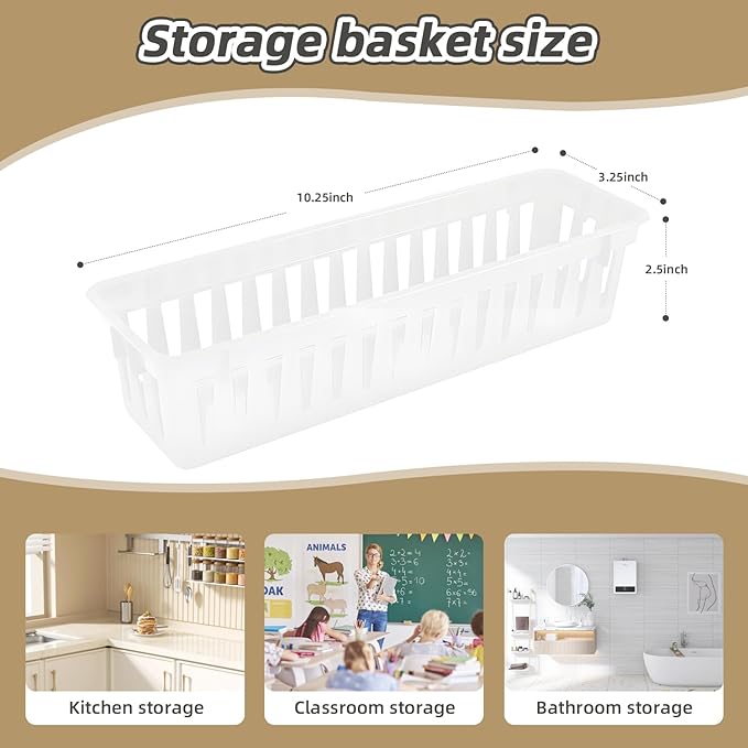 12 Pack White Slim Plastic Storage Baskets, Small Stackable Drawer Organizer Trays for Classroom, Desk, Vanity, Bedroom, Bathroom, Kitchen and Garage