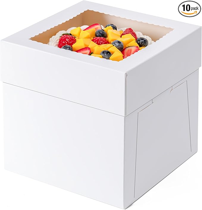 10 Pack Cake Boxes 8 Inch, 8x8x8 Inches Tall Cake Large Box, Disposable Cakes Transport Containers with Lids, Bakery Boxes with Large Window, for Cookies Pies Cupcakes Pastry-Wedding, Birthday, Party