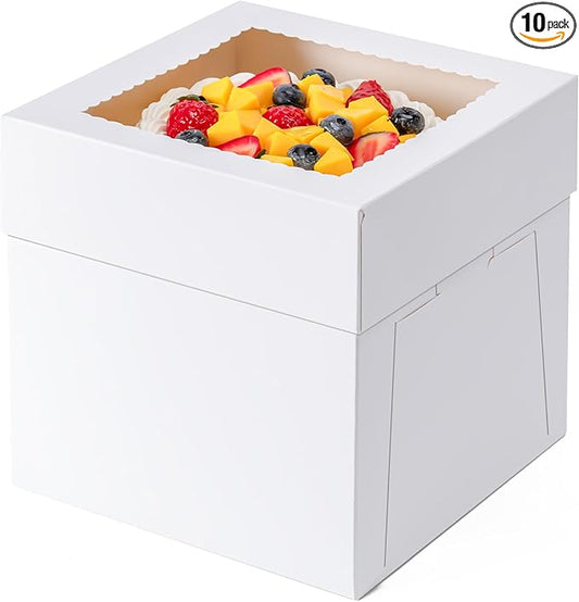10 Pack Cake Boxes 8 Inch, 8x8x8 Inches Tall Cake Large Box, Disposable Cakes Transport Containers with Lids, Bakery Boxes with Large Window, for Cookies Pies Cupcakes Pastry-Wedding, Birthday, Party