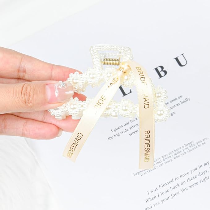 DEEKA Bridesmaid Proposal Gifts 8 Pack Pearl Bridesmaid Hair Claw Clips with Ribbon 3 Inch Hair Clips Bachelorette Party Favors Bridal Party Present Hair Accessories (Half Circle White&Champagne)